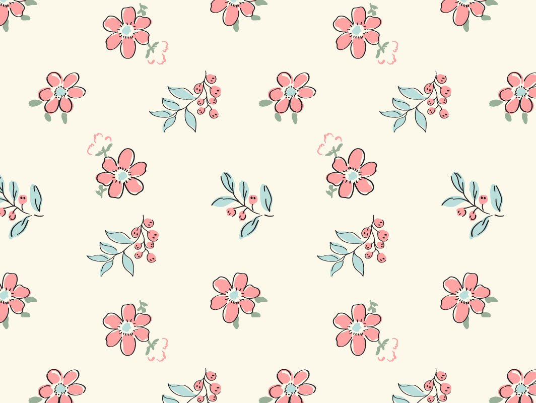 Soft pastel floral seamless pattern featuring pink hand-drawn flowers and blue leaves on a cream background — perfect for fabric, wallpaper, and surface design.